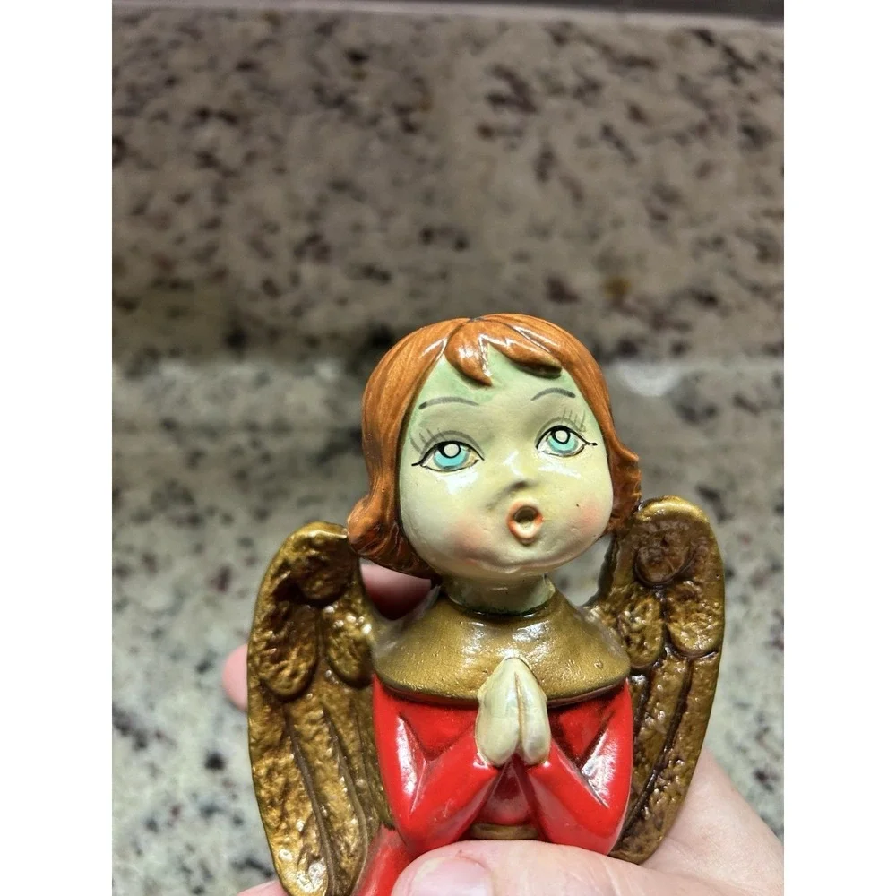 Vintage Ardco Japan Christmas Angel Figurine Mid Century Red Gold Paper Mache